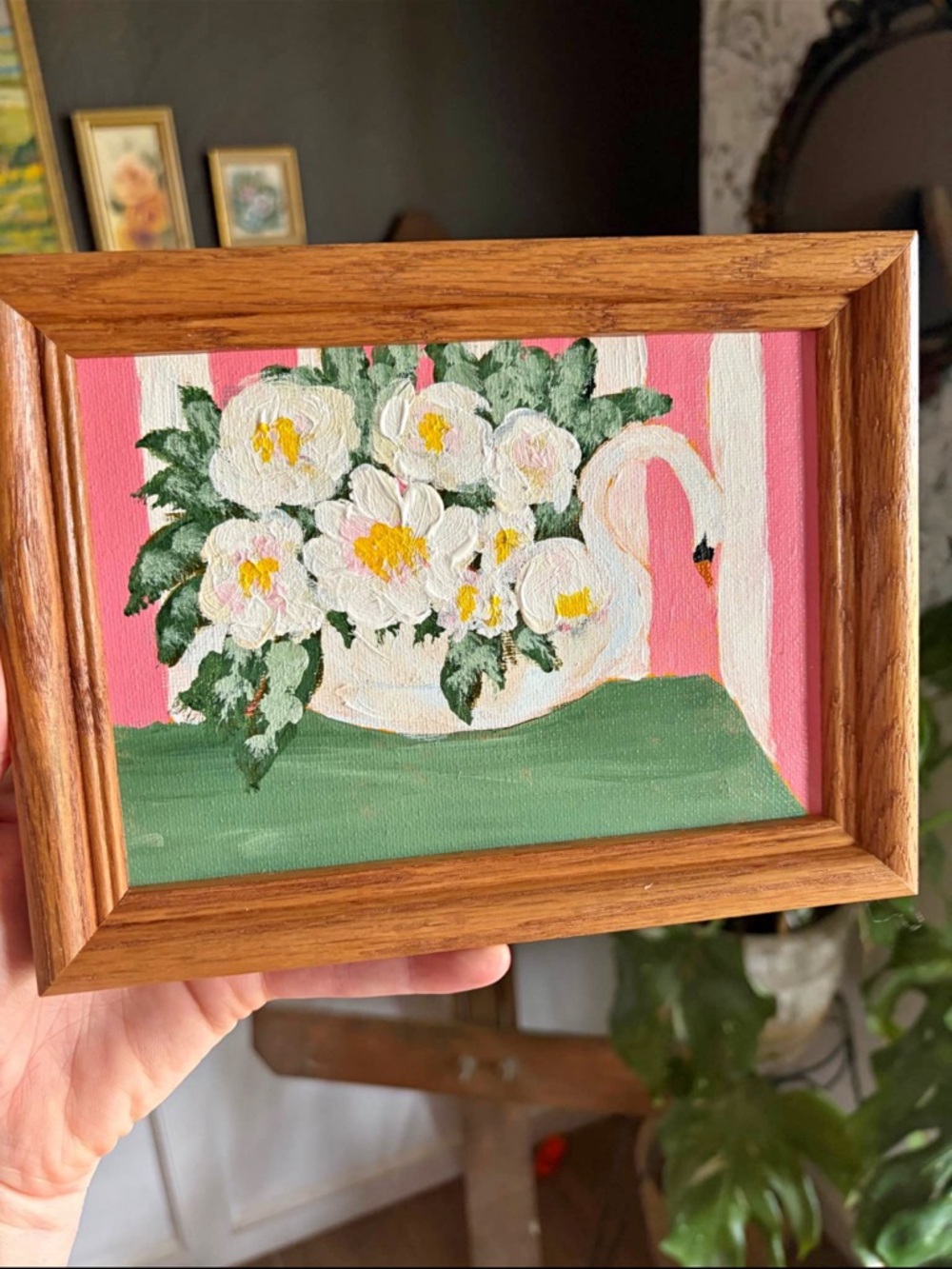 Original Swan and Flowers Oil Painting in Solid Wood Frame